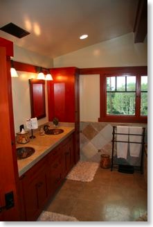 Seagrass Limestone, Slate, Copper Sinks, and Cherry Cabinets in the Master Bathroom